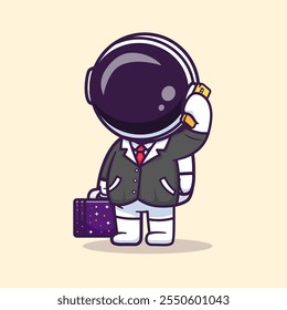 Lindo Astronauta Negocio Holding Teléfono Y Maleta De Dibujos Animados 
Ilustración de icono de Vector. Concepto de icono de negocio de Ciencia 
Vector Premium aislado. Estilo plano de la historieta