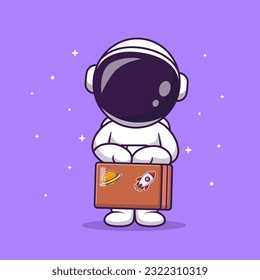 Cute Astronaut Business Holding Suitcase Cartoon Vector Icon Illustration. Science Business Icon Concept Isolated Premium Vector. Flat Cartoon Style