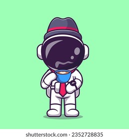 Cute Astronaut Businessman Drinking Hot Coffee Cartoon Vector Icon Illustration. Science Drink Icon Concept Isolated Premium Vector. Flat Cartoon Style