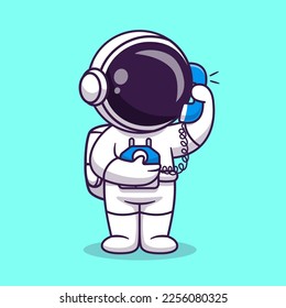 Cute Astronaut Calling With Landline Phone Cartoon Vector Icon Illustration. Science Technology Icon Concept Isolated Premium Vector. Flat Cartoon Style