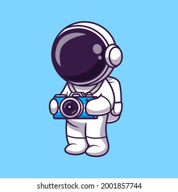 Cute Astronaut With Camera Cartoon Vector Icon Illustration. Science Technology Icon Concept Isolated Premium Vector. Flat Cartoon Style