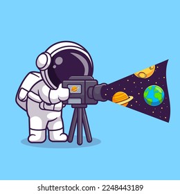 Cute Astronaut With Camera Video Space Cartoon Vector Icon Illustration. Science Technology Icon Concept Isolated Premium Vector. Flat Cartoon Style