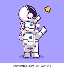 Cute Astronaut Carrying Baby Astronaut Looking Star Cartoon Vector Icon Illustration. Science Technology Icon Concept Isolated Premium Vector. Flat Cartoon Style