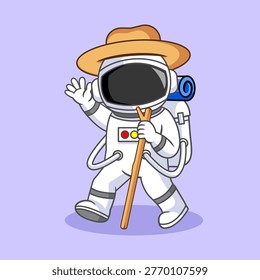 Cute Astronaut Carrying Backpack and Walking with Wooden Stick Vector Illustration