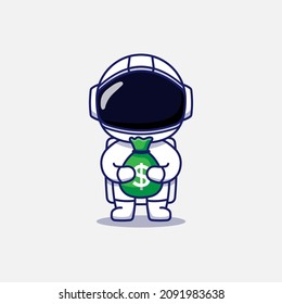 Cute astronaut carrying bag of money