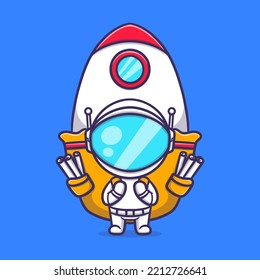 Cute astronaut carrying a bag in which there is a spaceship cartoon vector icon illustration