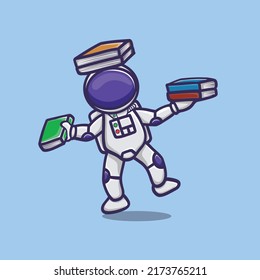 Cute Astronaut Carrying a Book on his Head and Hands.  Space Science, Education, Technology Icon Concept Isolated Vector. Flat Cartoon Style