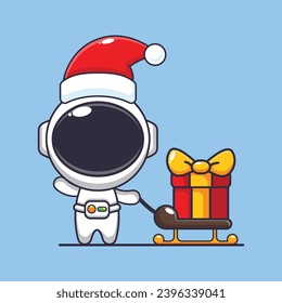 Cute astronaut carrying christmas gift box. Cute christmas cartoon character illustration. 