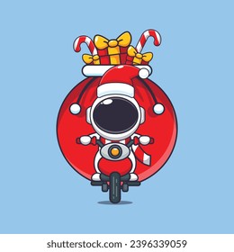 Cute astronaut carrying christmas gift with motorcycle. Cute christmas cartoon character illustration. 