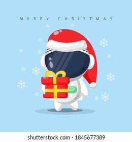 Cute Astronaut Carrying A Gift Box On Christmas Day