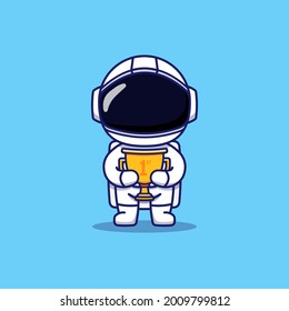 Cute astronaut carrying gold trophy