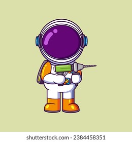 astronauta adorable con taladro de mano. Concepto de icono de la tecnología de la ciencia