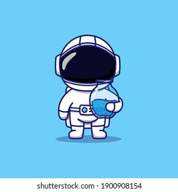 Cute astronaut carrying a jar of water