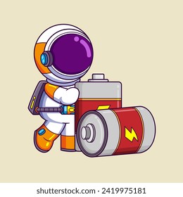 Cute astronaut carrying large batteries cartoon character of illustration