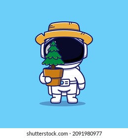 Cute astronaut carrying plant in pot