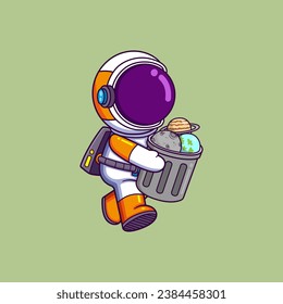 cute astronaut carrying a trash can containing planets. Science Technology Icon Concept of illustration