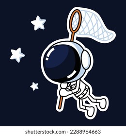 Cute Astronaut Cartoon Character Catching Stars With Net. Premium Vector Graphic Asset.