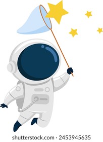 Personaje lindo de la historieta del astronauta que atrapa estrellas. Diseño Plano De Ilustración vectorial Aislado Sobre Fondo Transparente