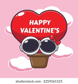 Cute astronaut cartoon character fly with air balloon in valentine's day.