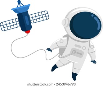 Lindo Personaje De Dibujos Animados De Astronauta Volando En El Espacio Abierto Conectado A La Estación Espacial. Diseño Plano De Ilustración vectorial Aislado Sobre Fondo Transparente