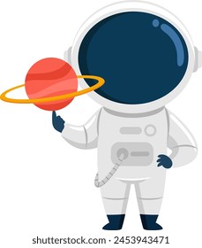 Personaje lindo de la historieta del astronauta que sostiene el planeta de Saturno. Diseño Plano De Ilustración vectorial Aislado Sobre Fondo Transparente