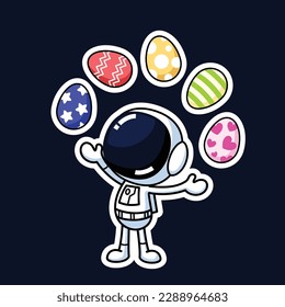 Cute Astronaut Cartoon Character Juggling Easter Eggs. Premium Vector Graphic Asset.