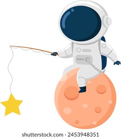 Personaje De Dibujos Animados Lindo Astronauta En El Planeta Con Caña De Pesca. Diseño Plano De Ilustración vectorial Aislado Sobre Fondo Transparente