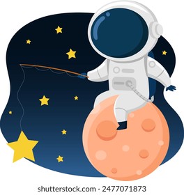 Cute Astronaut Cartoon Character On Planet With Fishing Rod. Vector Illustration Flat Design Isolated With Background