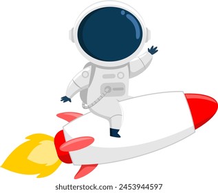 Cute Astronaut Cartoon Character Riding A Rocket And Waving. Vector Illustration Flat Design Isolated On Transparent Background