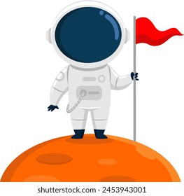 Cute Astronaut Cartoon Character Standing On A Planet And Holding Flag. Vector Illustration Flat Design Isolated On Transparent Background