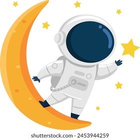 Cute Astronaut Cartoon Character Standing On A Moon And Waving. Vector Illustration Flat Design Isolated On Transparent Background