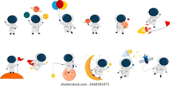 Cute Astronaut Cartoon Character. Vector Illustration Flat Design Isolated On Transparent Background