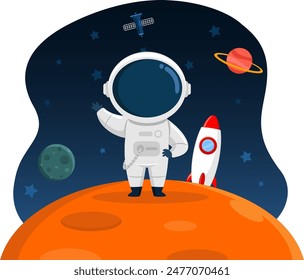 Cute Astronaut Cartoon Character Waving For Greeting. Vector Illustration Flat Design Isolated With Background