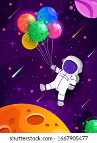 Cute astronaut cartoon floating with balloon planet in space background. Happy birthday postcard. Colorful universe. Game design. Fantasy space planets for ui galaxy game. EPS 10.