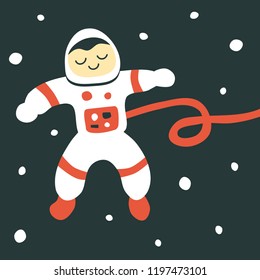 A cute astronaut cartoon floating in the deep blue space flat bold style vector illustration