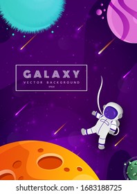 Cute astronaut cartoon floating with planet in space background. Colorful universe. Game design. Fantasy space planets for ui galaxy game. EPS 10.