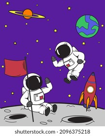 Cute astronaut cartoon floating in space background. Happy birthday postcard. Colorful universe. Game design. Fantasy space planets for ui galaxy game
