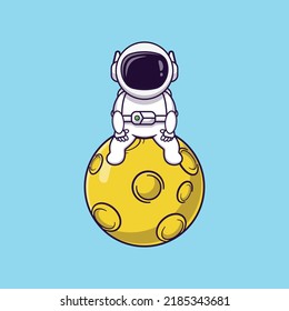 Cute astronaut cartoon illustration. astronaut sitting on the moon cartoon icon. Galaxy or space fantasy design for kids.