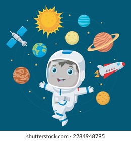 Cute astronaut cartoon in the outer space