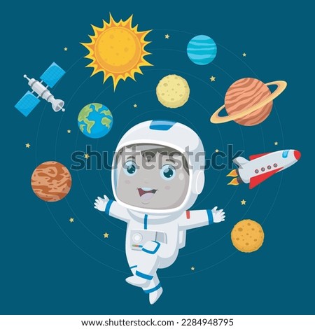 Cute astronaut cartoon in the outer space