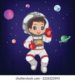 Cute Astronaut Cartoon Vector Icon Illustration.Cartoon space set of astronaut, rocket and planets. Astronaut floating in the space. Science Technology Concept.