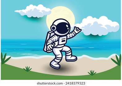 Cute Astronaut Cartoon walking on the beach with a beach background, Vector Icon Illustration. Science Food Icon Concept Isolated Premium Vector. Flat Cartoon Style