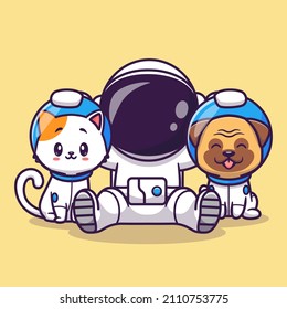 Cute Astronaut With Cat And Dog Cartoon Vector Icon Illustration. Science Animal Icon Concept Isolated Premium Vector. Flat Cartoon Style