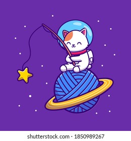 Cute Astronaut Cat Fishing Star On Yarn Wool Planet Cartoon Vector Icon Illustration Animal Science Icon Concept Isolated Premium Vector. Flat Cartoon Style