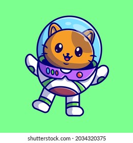 Cute Astronaut Cat Floating On Space Cartoon Vector Icon Illustration. Animal Technology Icon Concept Isolated Premium Vector. Flat Cartoon Style