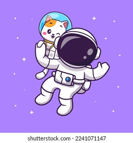 Astronauta Cuidadosa Con Gato Flotando En Ilustración De Icono Del Vector De Dibujo Espacial. Concepto de icono animal de ciencia Vector Premium aislado. Estilo de dibujo plano