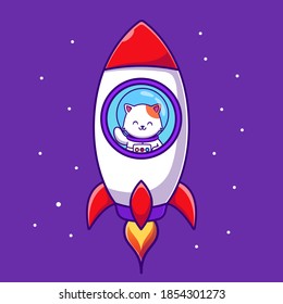 Cute Astronaut Cat Flying In Rocket Cartoon Vector Icon Illustration. Animal Technology Icon Concept Isolated Premium Vector. Flat Cartoon Style