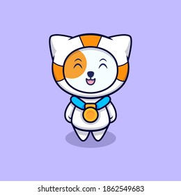 Cute Astronaut Cat Got A Gold Medal Cartoon Vector Icon Illustration. Flat Cartoon Style