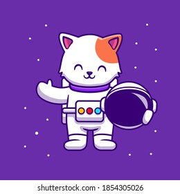 Cute Astronaut Cat Holding Helmet Cartoon Vector Icon Illustration. Animal Science Icon Concept Isolated Premium Vector. Flat Cartoon Style