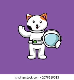 Cute Astronaut Cat Holding Helmet Cartoon Vector Icon Illustration. Animal Science Icon Concept Isolated Premium Vector. Flat Cartoon Style